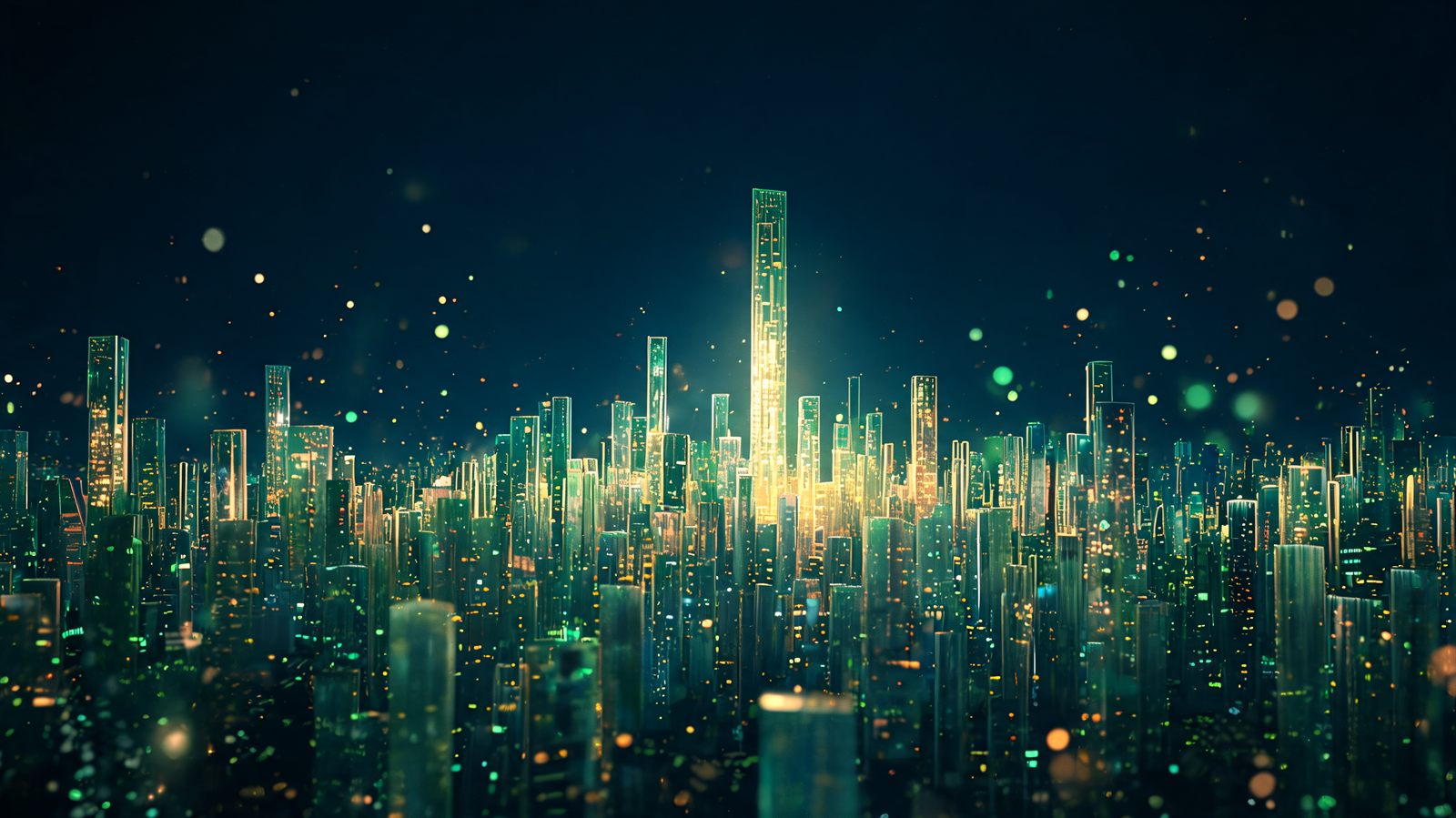 An aerial view of a skyline built from glowing translucent bars of uneven height with one tower blazing far brighter than the rest