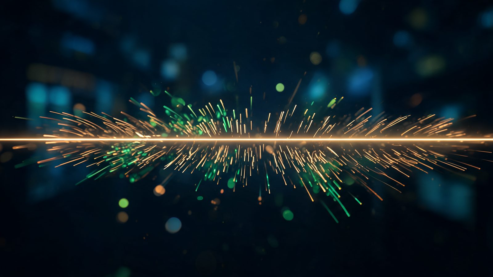 A single glowing horizontal reference line stretched across a dark trading floor with tiny fast light streaks darting above and below it and curving back toward the line