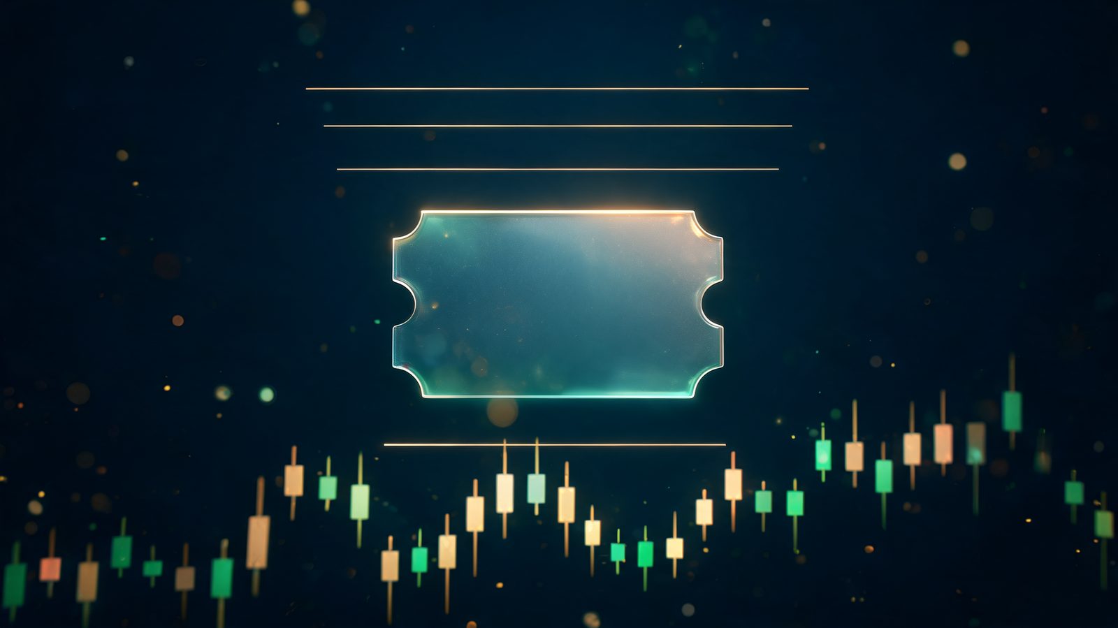 A glowing order ticket floating above a candlestick chart with marked target levels above and an invalidation level below