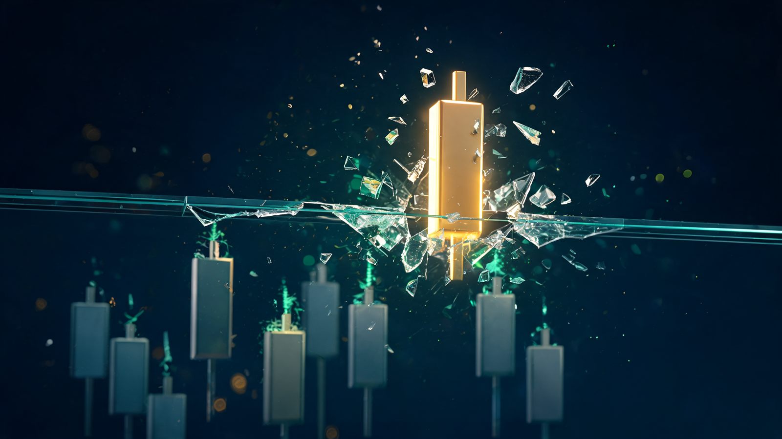 A gold price bar bursting up through a pane of glass while faint bars behind it have cracked the glass and fallen back below