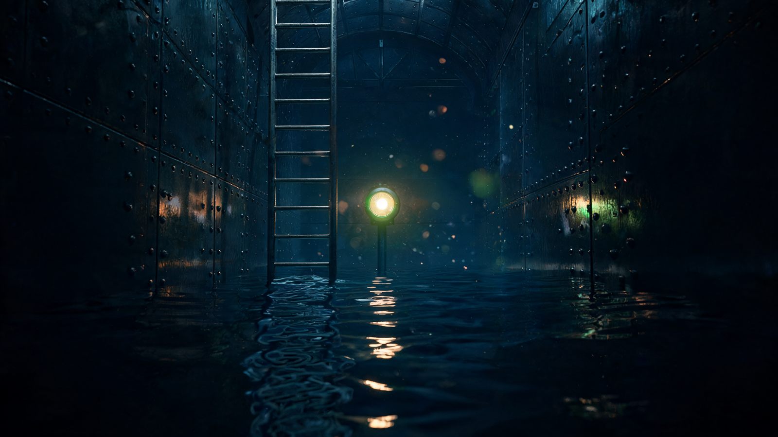 Dark water rising inside a narrow steel vault toward the lower rungs of a tall ladder, a warning lamp glowing just above the waterline