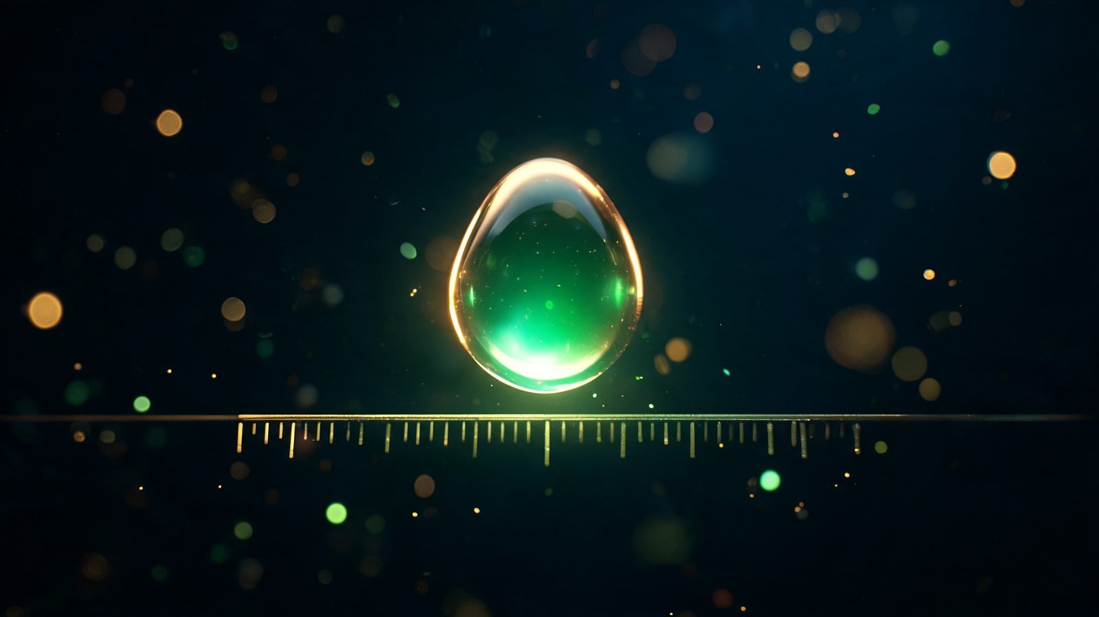 A macro view of a glowing price quote in dark space with the fourth decimal place magnified above fine measurement marks of gold and emerald light