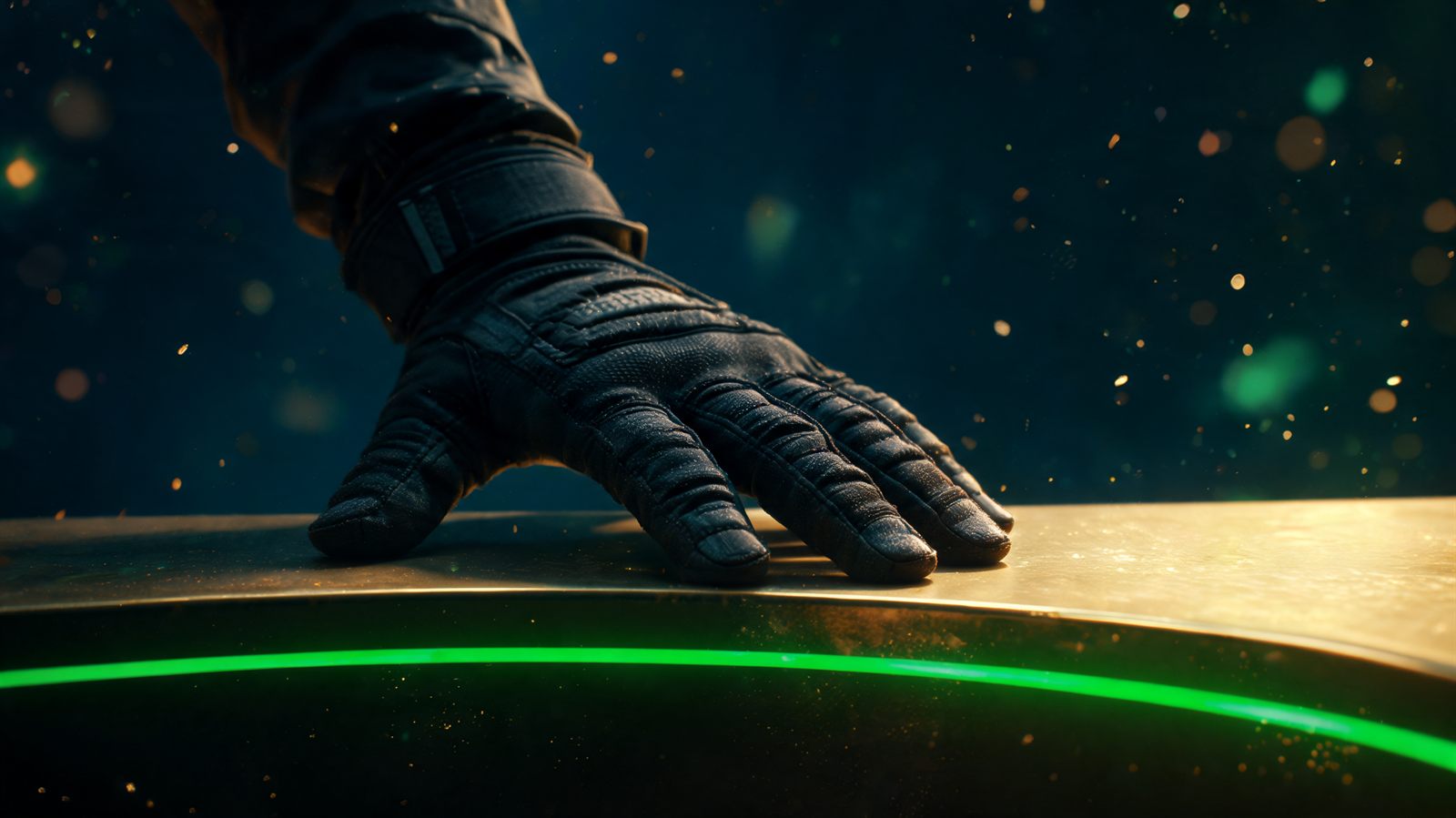 A climber's gloved hand pressing down to test a gold ledge it has just pulled above, an emerald light line marking the edge