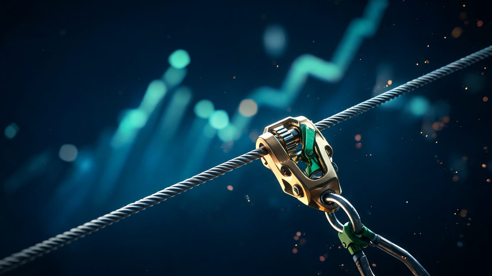 A climbing ratchet device locked onto a steel cable, able to slide upward but not back down