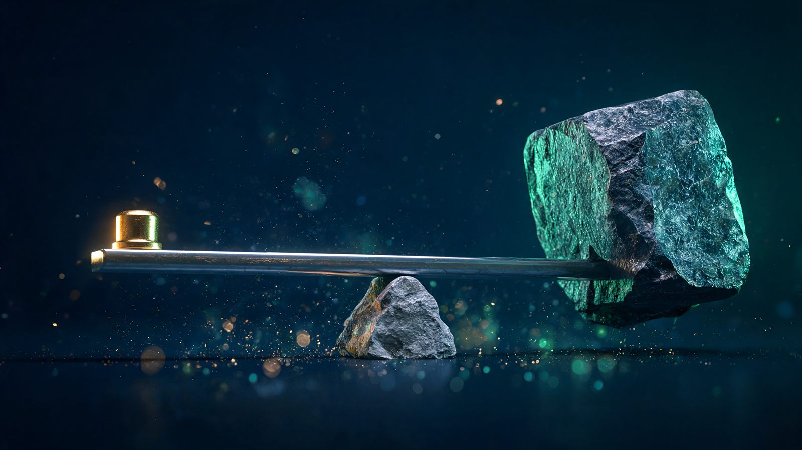 A small brass weight on one end of a long steel lever balanced on a stone fulcrum, lifting an enormous dark granite block