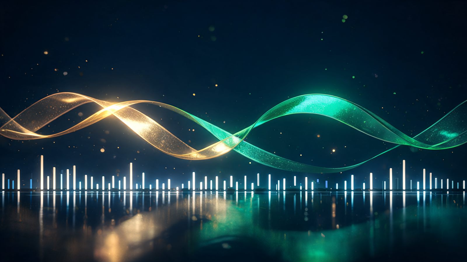 Two ribbons of gold and emerald light weaving together and pulling apart above a row of glowing vertical bars