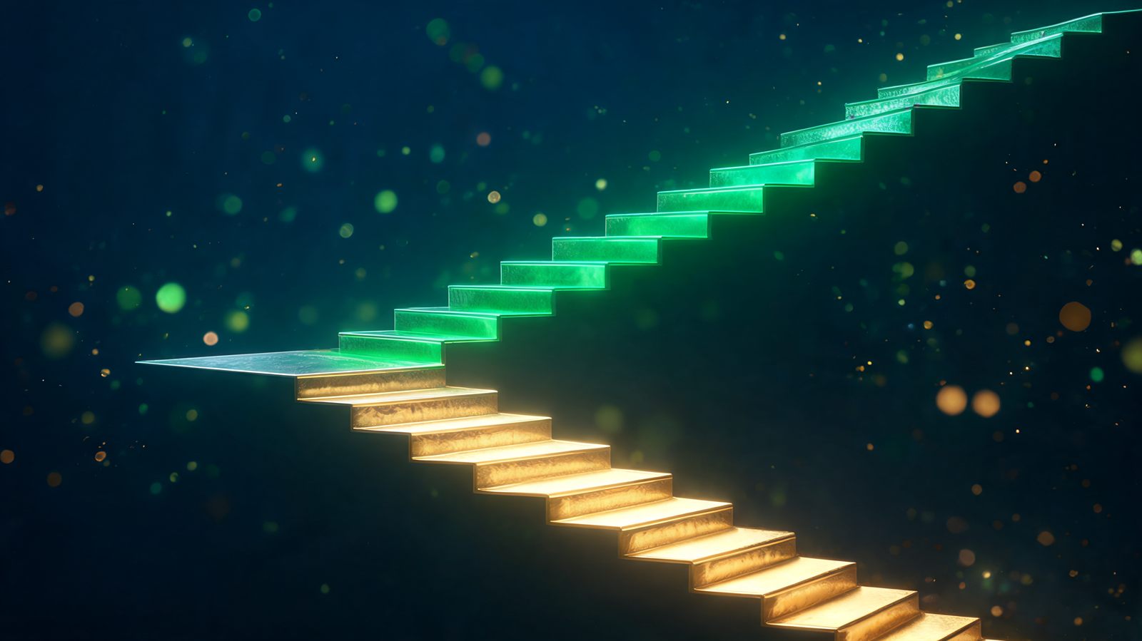 A rising staircase of emerald light steps ascending to the right above a mirrored golden staircase descending into darkness below