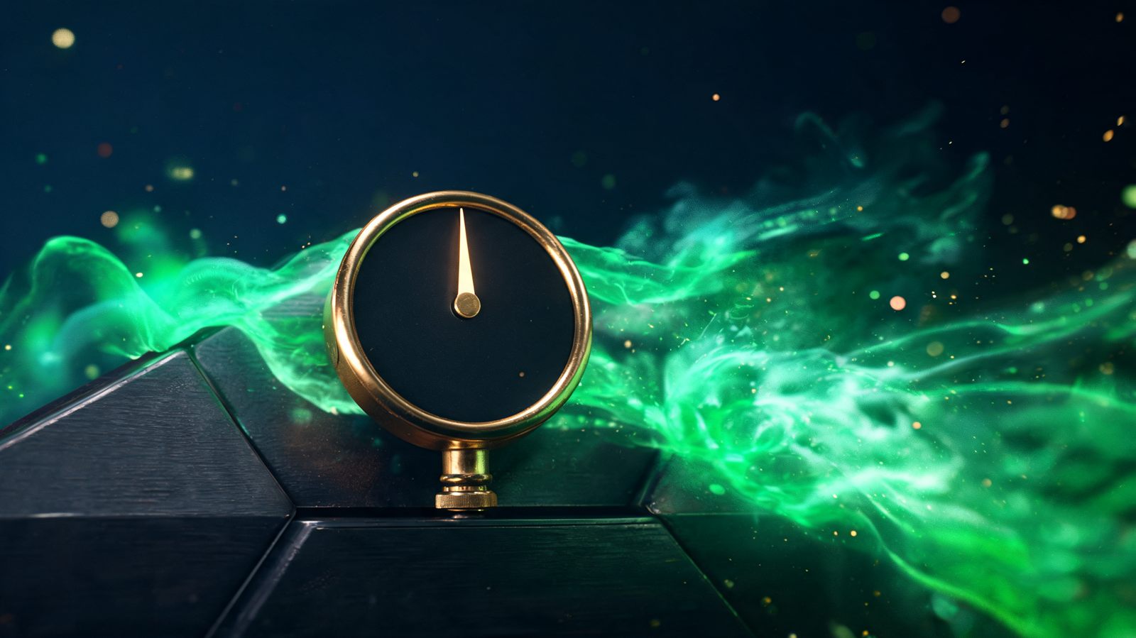 A brass pressure gauge with its needle pinned at the top of the arc while an emerald pressure wave surges past it unaffected