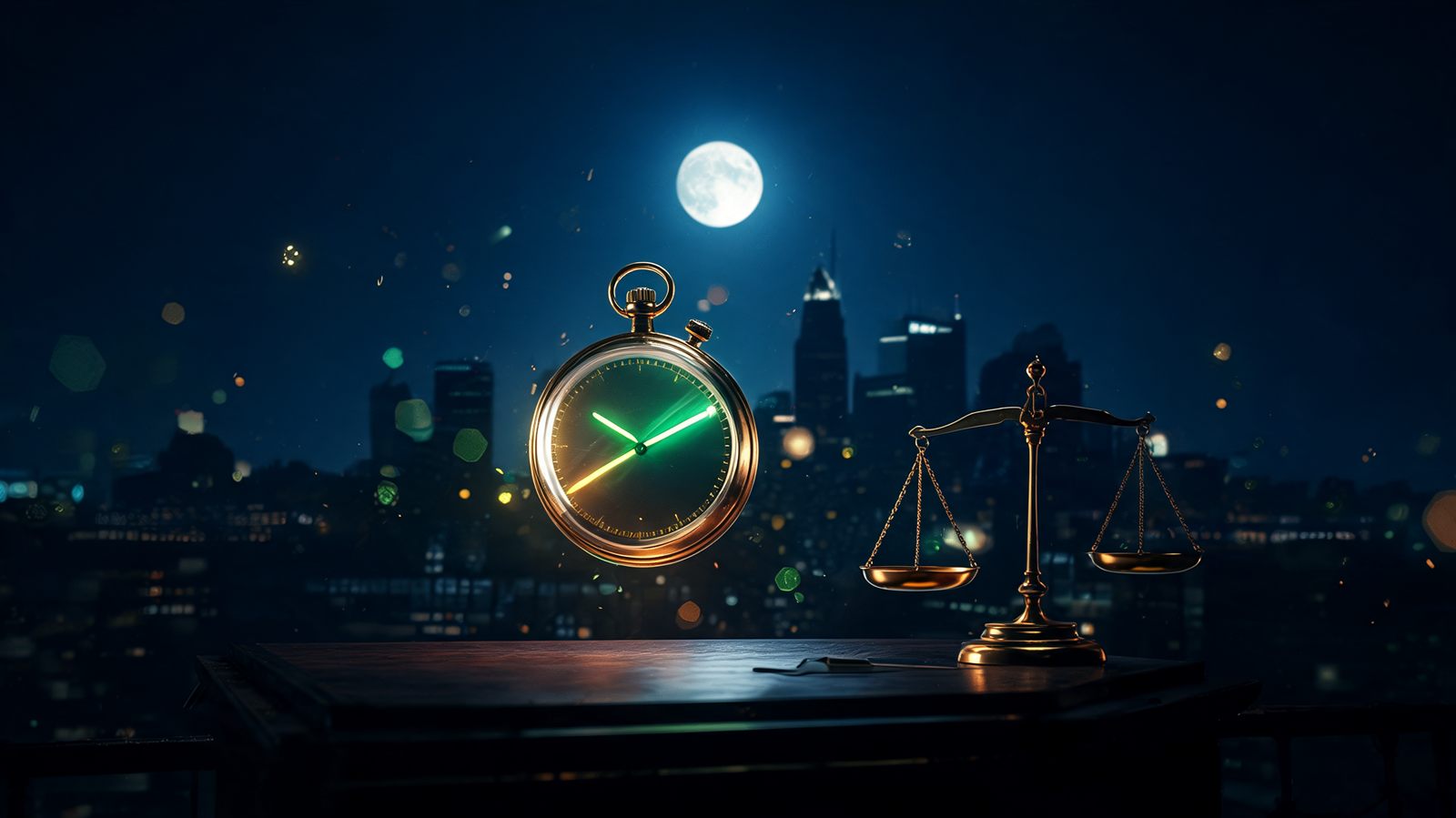 A brass stopwatch glowing above a dark midnight trading desk beside a tipping set of balance scales
