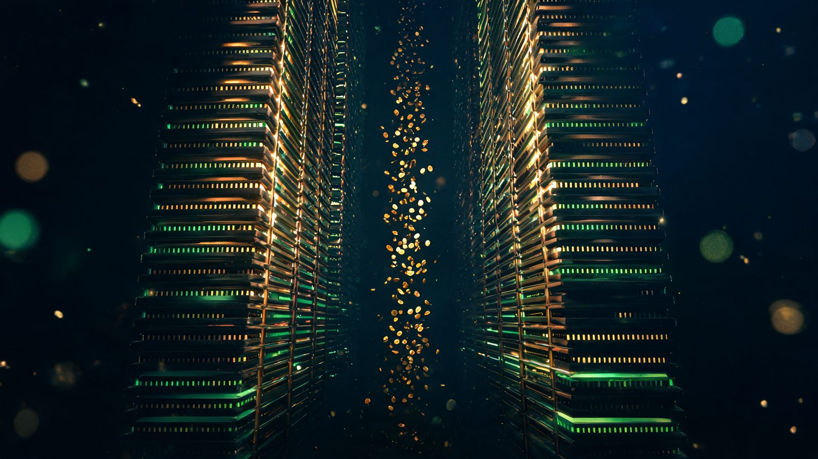 A narrow glowing canyon between two walls of price ladders with gold coins falling into the gap