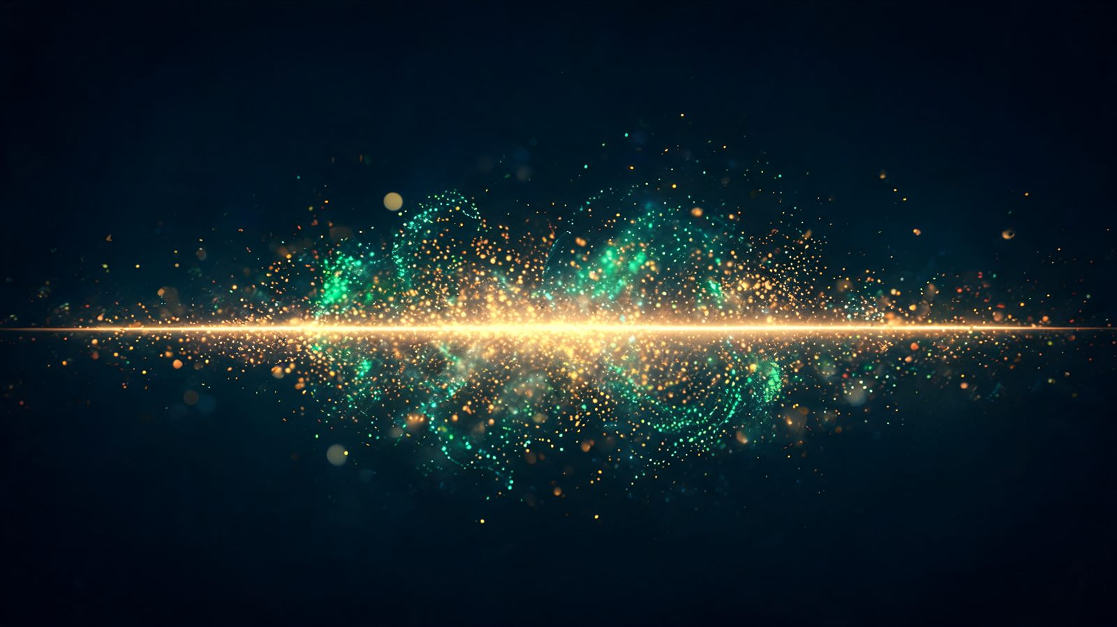 A single level beam of golden light running through a swirling cloud of emerald and amber particles drawn toward it