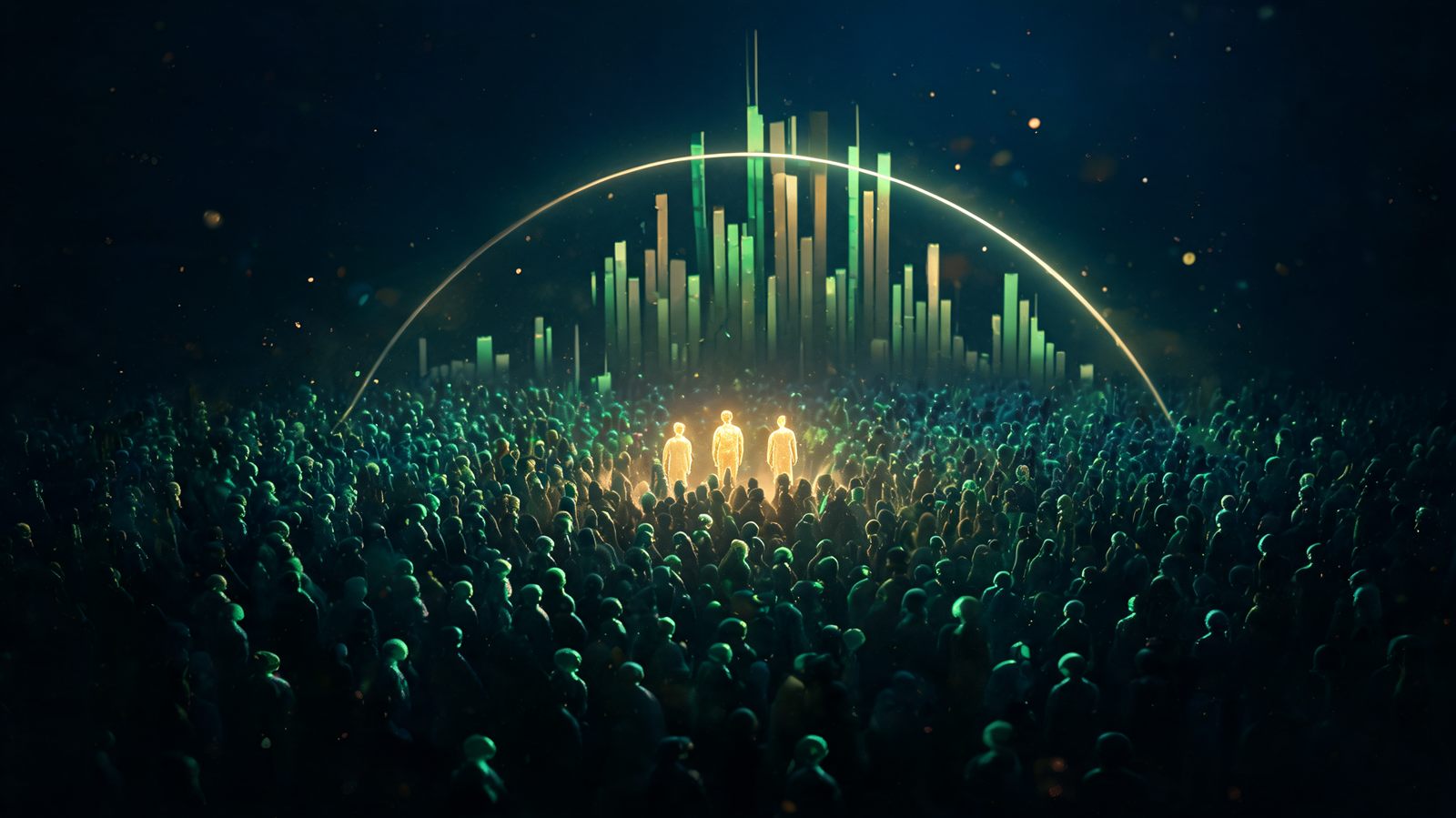 A wide crowd of small glowing figures before a tall market chart with only a few lit in gold and the rest fading into shadow