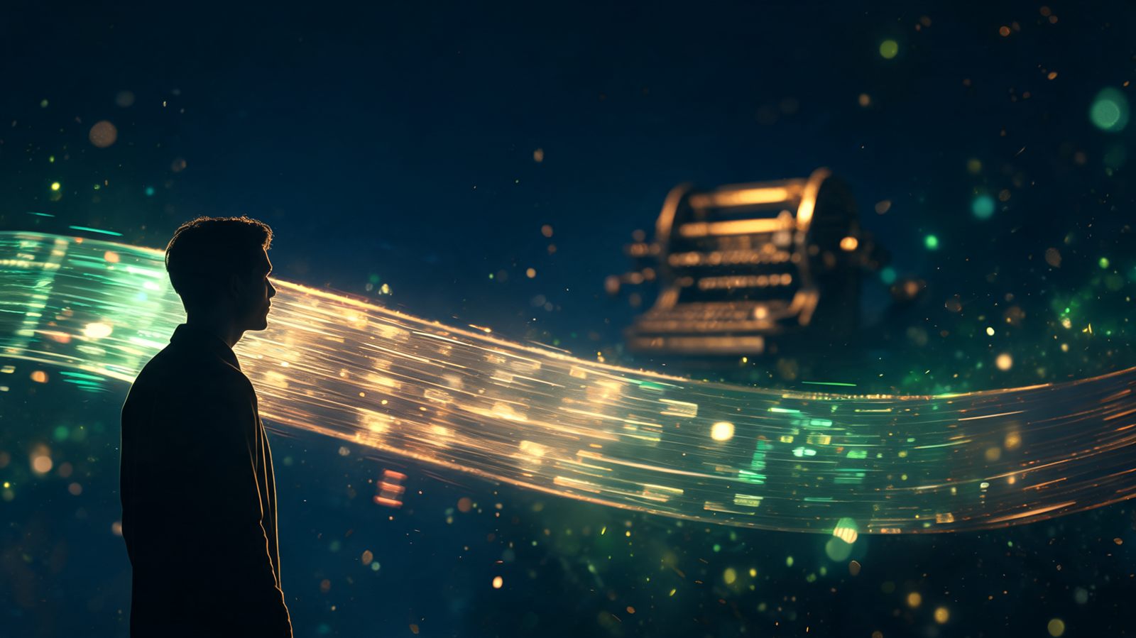A ribbon of glowing ticker tape unspooling through dark space past a lone observer silhouette