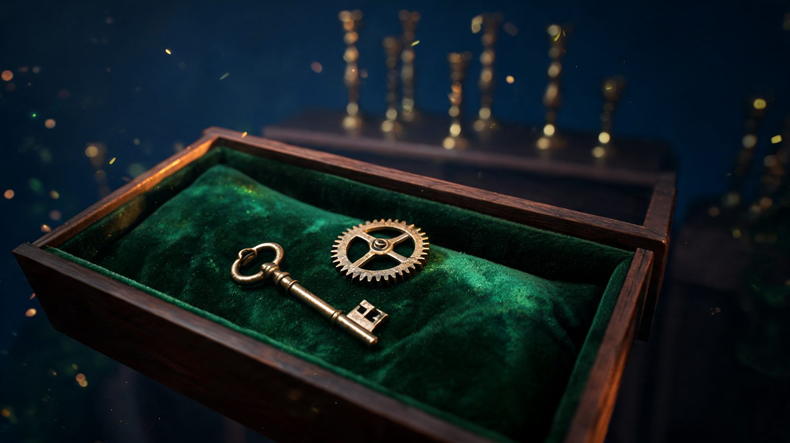 An old brass key and a worn gear being laid into a velvet-lined wooden drawer while a row of candlesticks dims on a screen behind
