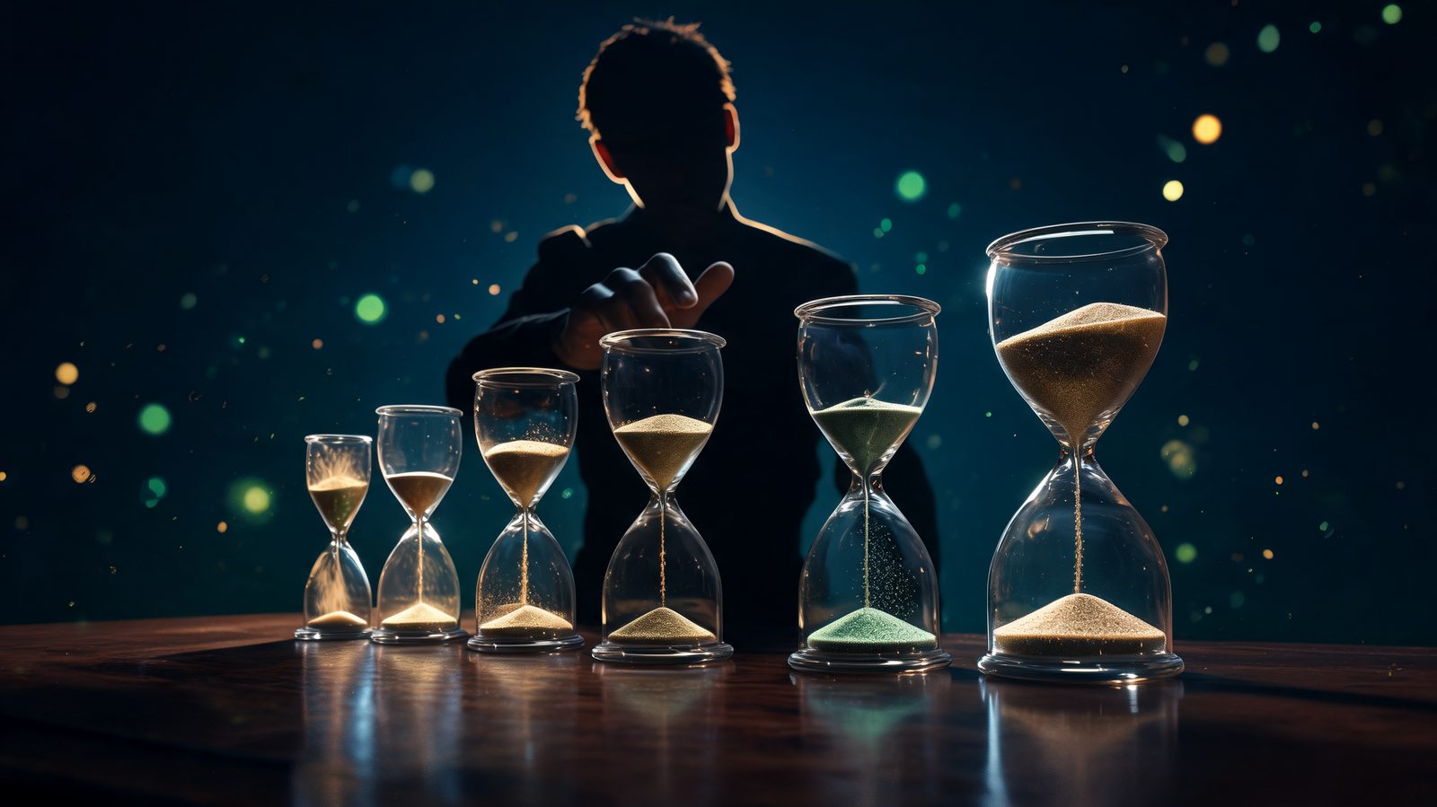 A row of glass hourglasses of increasing size on a dark polished desk, the smallest draining in a blur and the largest barely moving, with a figure silhouetted beside them