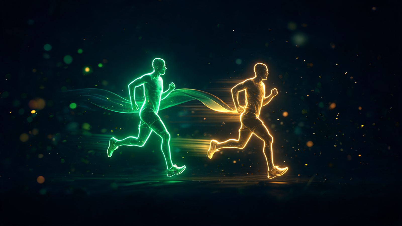 A sprinting figure made of emerald light with a heavier golden shadow of the same figure trailing several paces behind, joined by a flowing ribbon