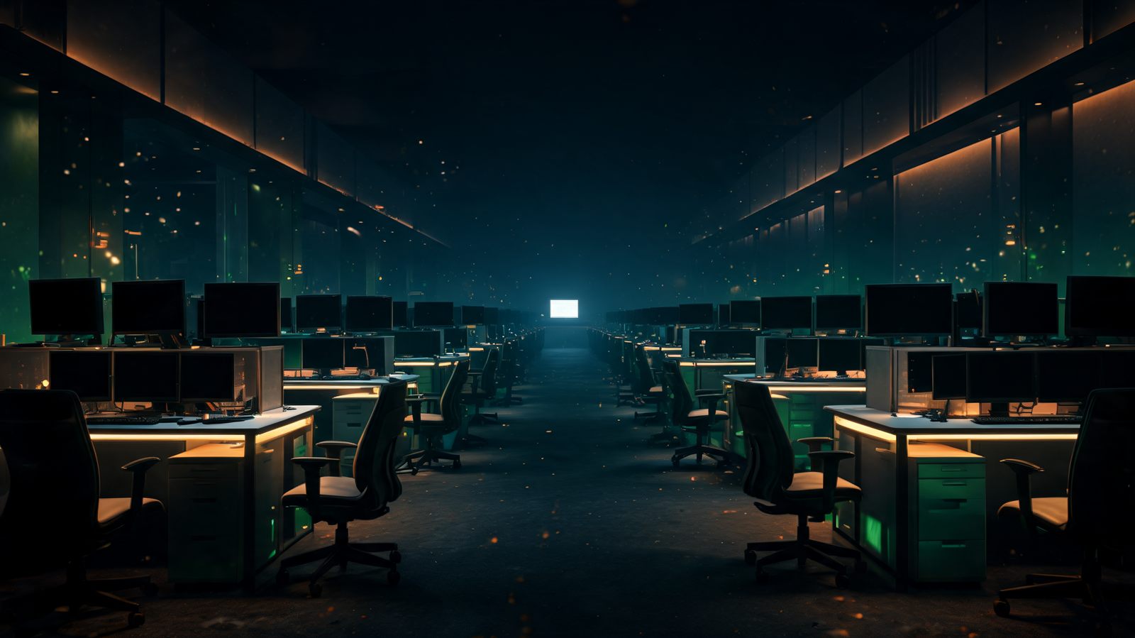 A long corridor of empty trading desks receding into darkness with chairs pushed back and one distant monitor still glowing