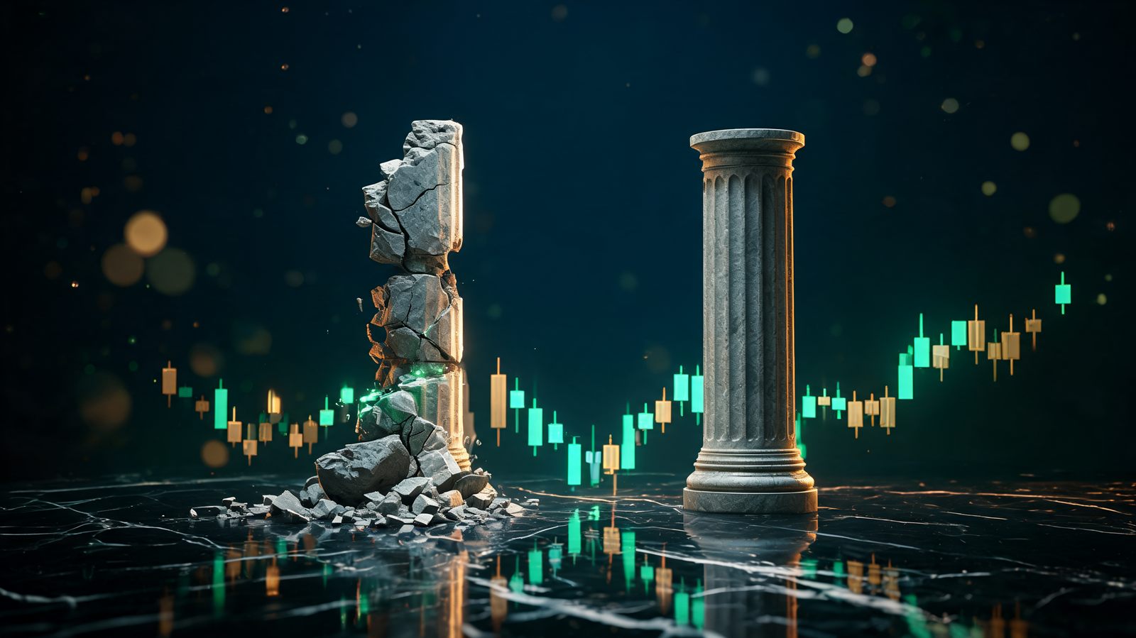 A cracked crumbling stone pillar beside an intact one on dark marble, lit by candlestick chart glow