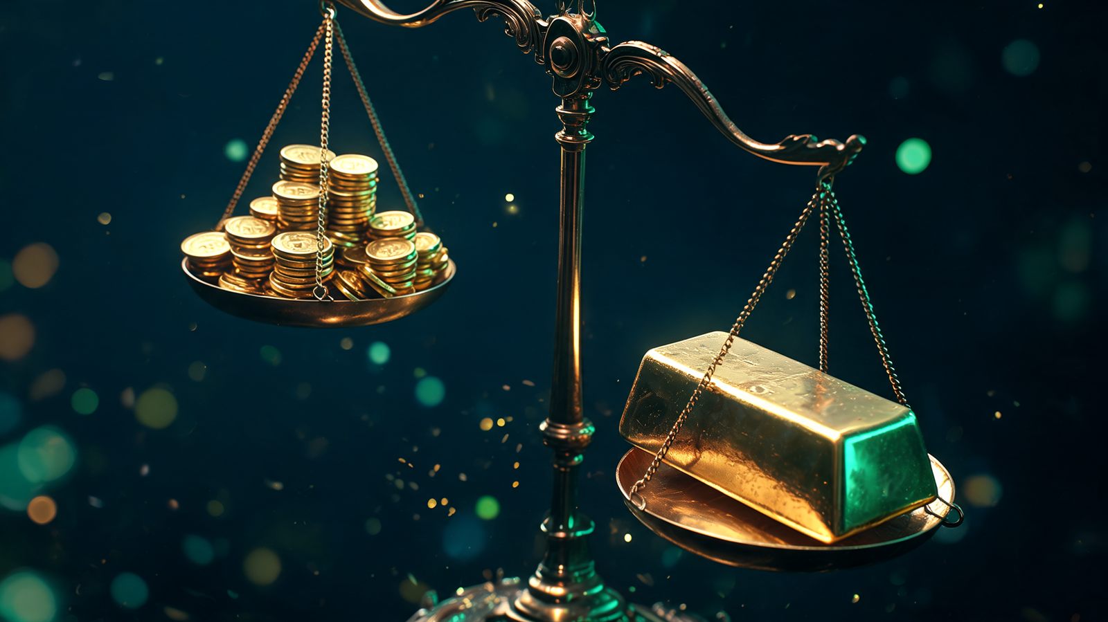 A brass balance scale with many small gold coins on one pan outweighed by a single large gold ingot on the other